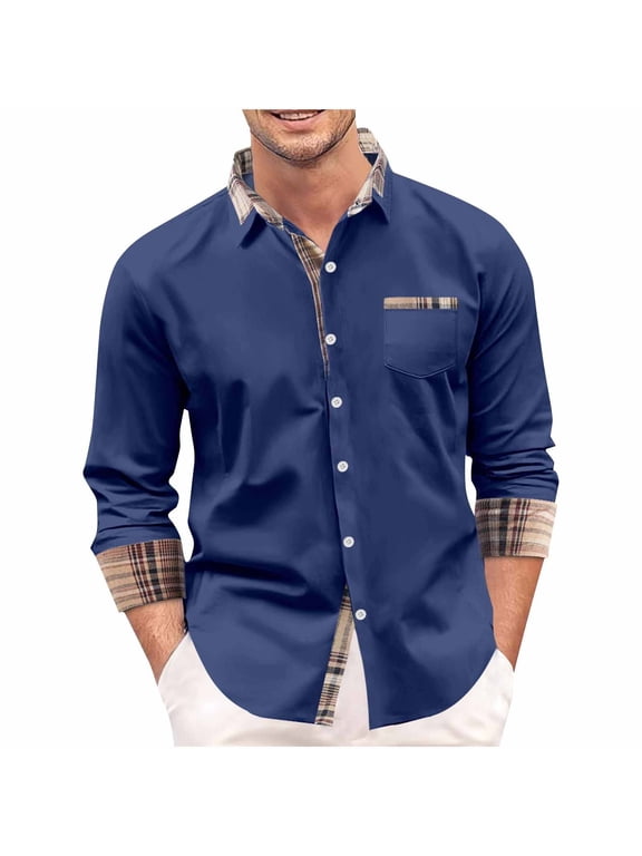Mens Shirts Long Sleeve Button Down 100%Cotton Under $10 Leisure Button Mock Pocket Lattice Flip Collar Long Sleeves Shirt