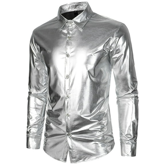 Mens Shirts Long Sleeve Button-Down Collared Shiny Metallic-Disco Tops Trendy Slim Fit Solid Color Nightclub Party Christmas Shirt