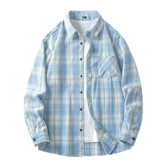 Mens Shirts Long Sleeve Button Down Flannel Shirt Casual Collared Blouse Light Blue 3XL