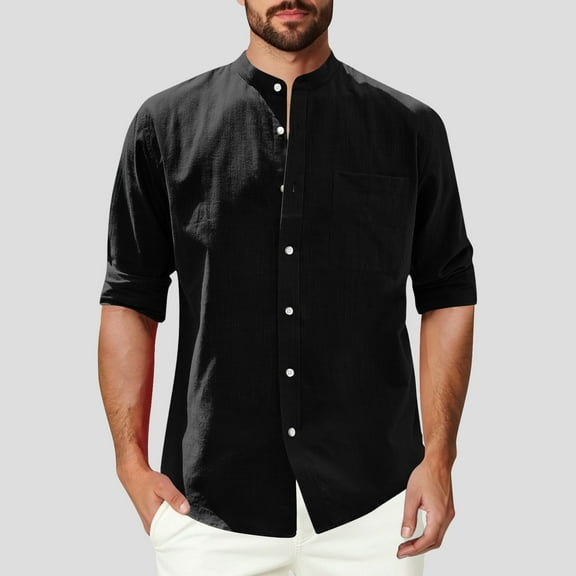 Mens Shirts Long Sleeve Button-Down T-Shirts with Pocket and Stand Collared Casual Lightweight Solid Color Breathable Beach Tshirts Shirt