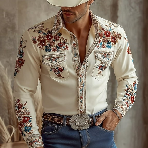 Mens Shirts Long Sleeve Casual Button Regular Fit Western Cowboy Shirts Two Pockets Work Dress Button Up Shirts Beige 3XL