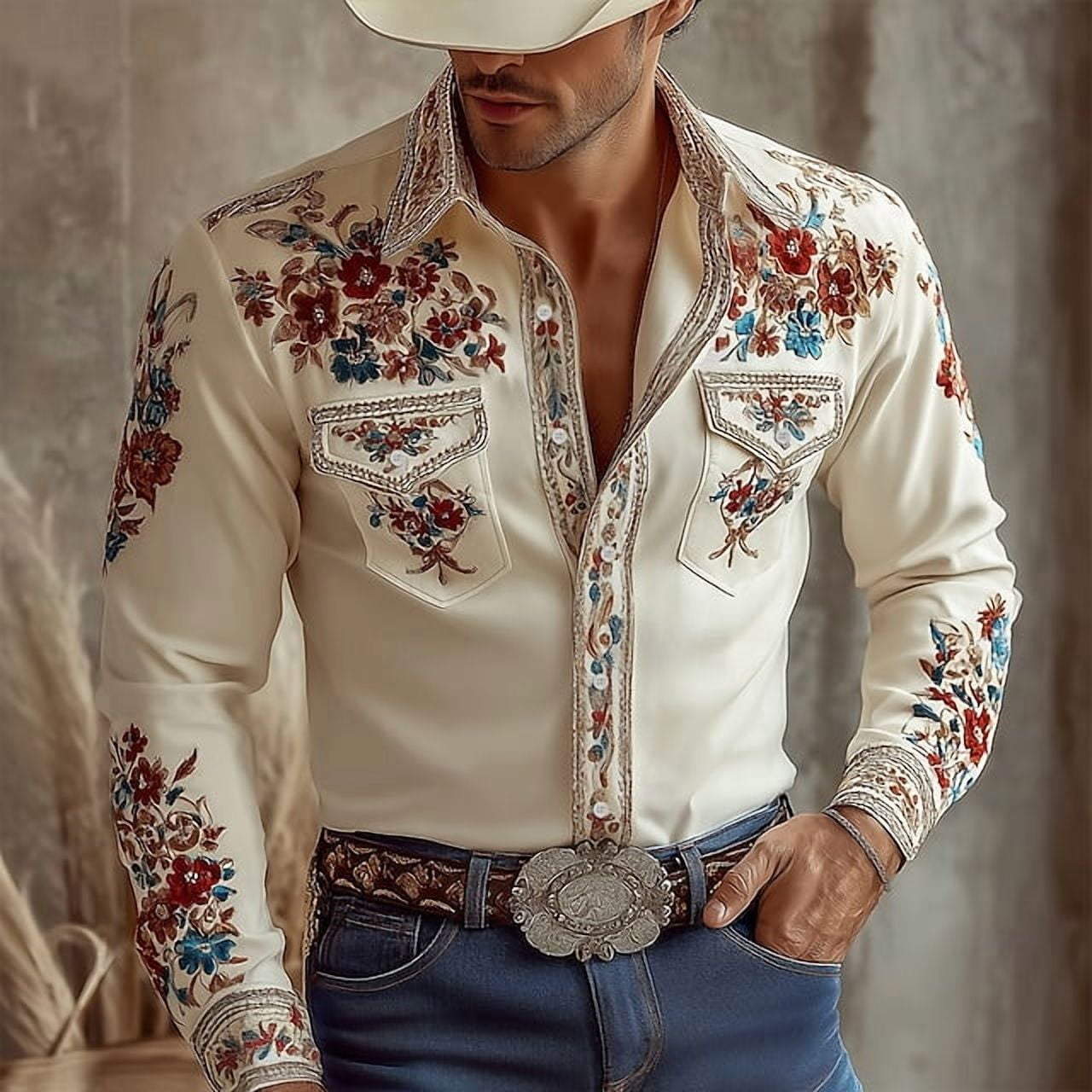 Mens Shirts Long Sleeve Casual Button Regular Fit Western Cowboy Shirts ...
