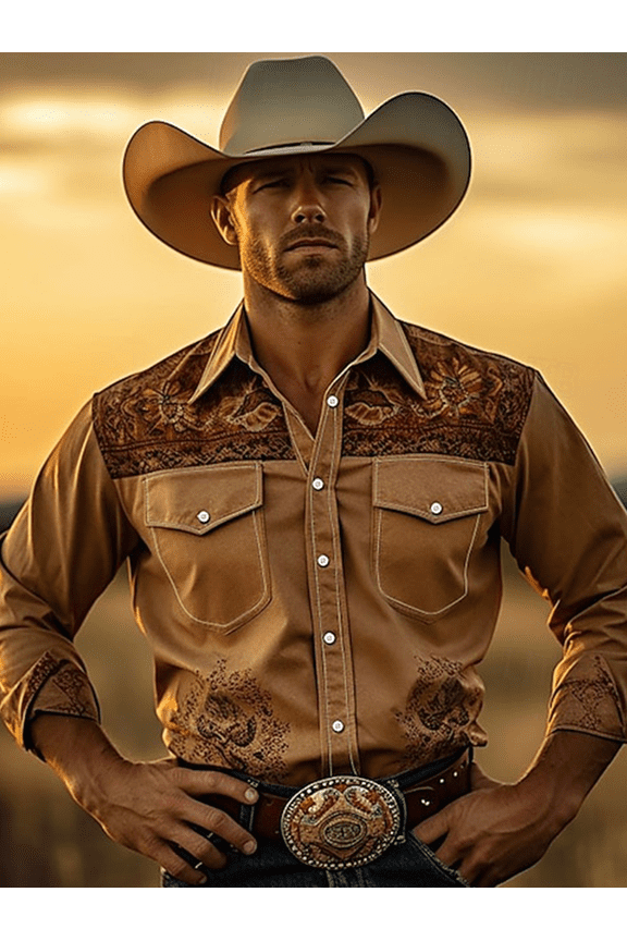 Mens Shirts Long Sleeve Casual Button Regular Fit Western Cowboy Shirts Two Pockets Work Dress Button Up Shirts Brown 01 3XL
