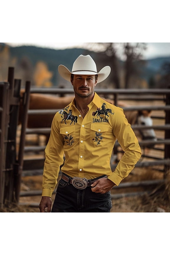 Mens Shirts Long Sleeve Casual Button Regular Fit Western Cowboy Shirts Two Pockets Work Dress Button Up Shirts Yellow XXL