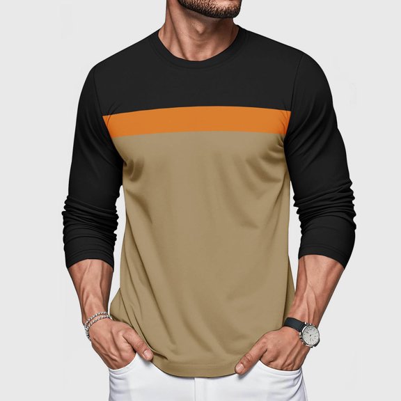 Mens Shirts Long Sleeve Color Block Solid-Color Round Neck Casual Blouse Shirt Top,Blouse for Men Khaki S