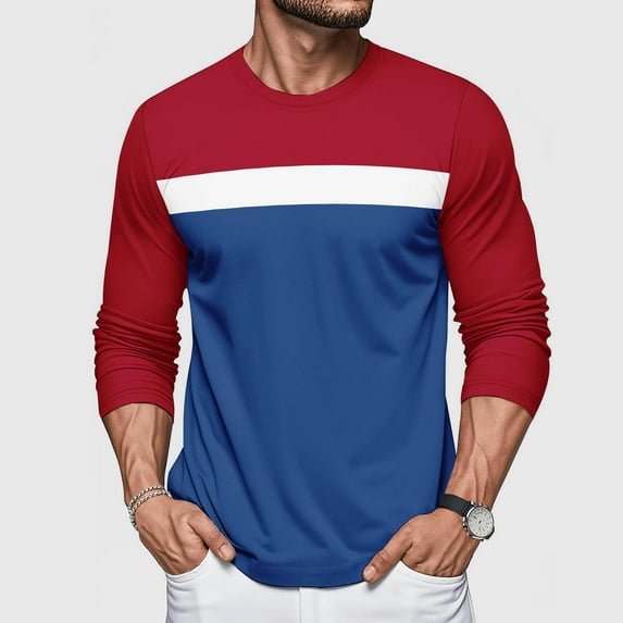 Mens Shirts Long Sleeve Color Block Solid-Color Round Neck Casual Blouse Shirt Top,Blouse for Men Wine L