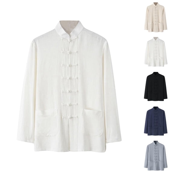 Mens Shirts Long Sleeve Cotton Linen Retro Mandarin Collar Chinese Button Blouse Tops with Pockets