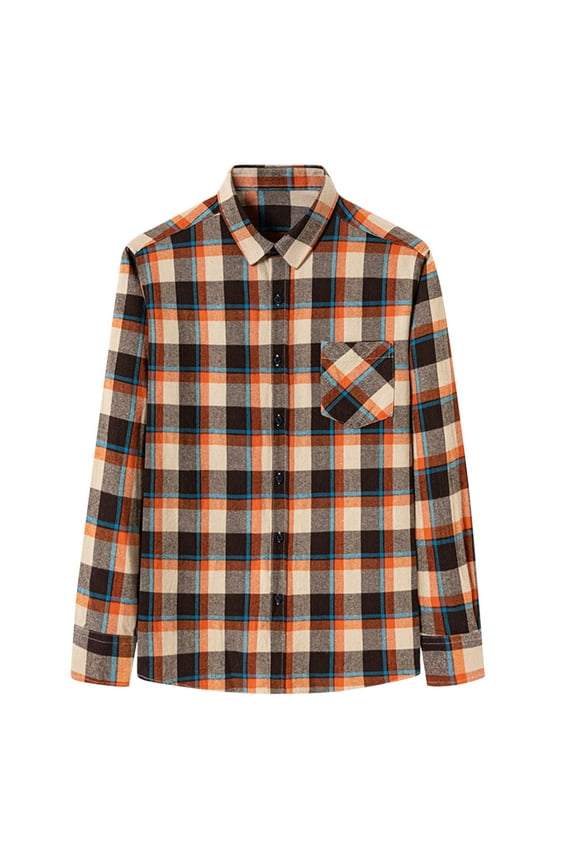 Mens Shirts Long Sleeve Flannel Shirt Regular Fit Button Down Blouse Casual Light Plaid Shirts Orange 3XL