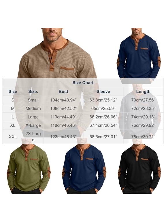 Mens Shirts, Long Sleeve Henley Shirts for Men Waffle Knit 3-Button Color Block Tees Lightweight Elbow Patches Fall Tops with Pocket