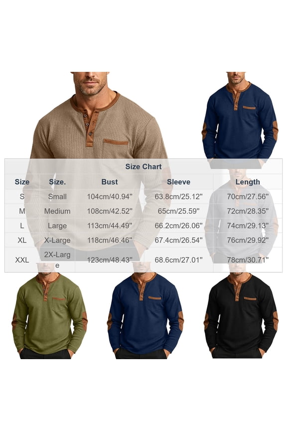 Mens Shirts, Long Sleeve Henley Shirts for Men Waffle Knit 3-Button Color Block Tees Lightweight Elbow Patches Fall Tops with Pocket