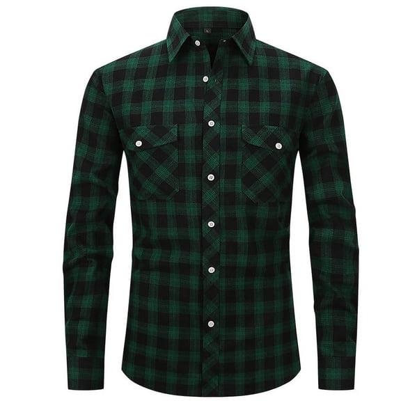 Mens Shirts Long Sleeve Plaid Flannel Loose Turndown Collar Buttons Shirt Jacket Green 2XL