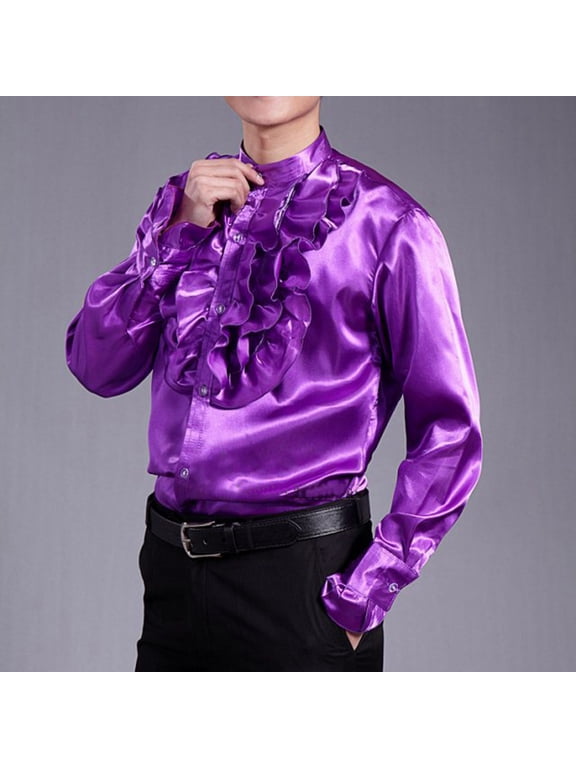 Mens Shirts Long Sleeve Trendy Ruffle Button-Down Stand Collared T-Shirts Slim-Fit Solid Color Shiny Dance Performance Shirt Tops