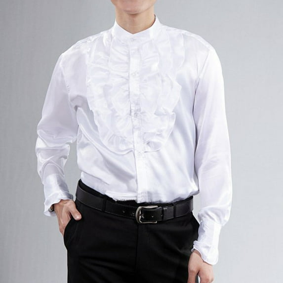 Mens Shirts Long Sleeve Trendy Ruffle Button-Down Stand Collared T-Shirts Slim-Fit Solid Color Shiny Dance Performance Shirt Tops