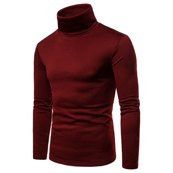 Mens Shirts Long Sleeve Turtleneck Casual Solid Pullover Base Shirt Blouse Wine 2XL