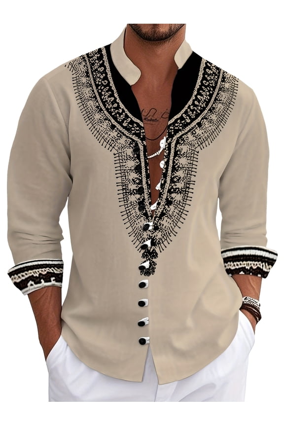 Mens Shirts Long Sleeve Western Retro Style Casual Button Down Shirt Stand Collar Shirts Beach Vacation Wedding Shirts Beige M
