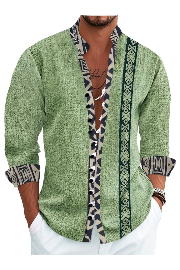 Mens Shirts Long Sleeve Western Retro Style Casual Button Down Shirt Stand Collar Shirts Beach Vacation Wedding Shirts Green 3XL