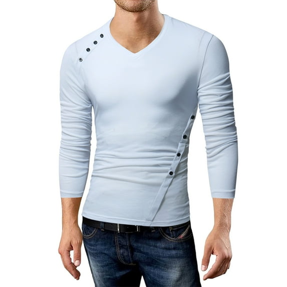 Mens Shirts Long Sleeved Button Round Neck Solid Color Irregular T-shirt,Blouse for Men White M