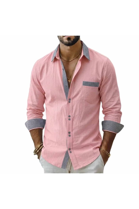 Mens Shirts, Men Band Collar Hidden Placket Short Sleeve Summer Shirt Pink L