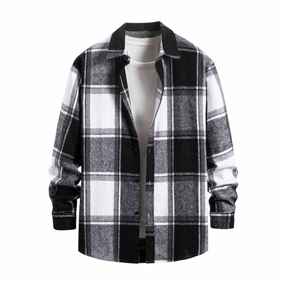 Mens Shirts Men Flannel Long Sleeve Casual Cotton Plaid Button Down Shirt Jacket with Lapel Neck Thick Heavyweight