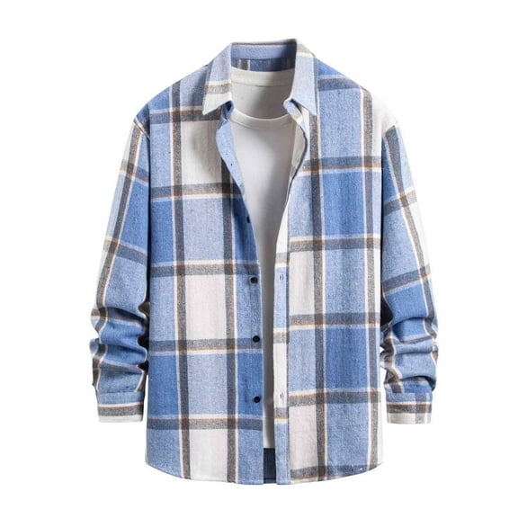 Mens Shirts Men Flannel Long Sleeve Casual Cotton Plaid Button Down Shirt Jacket with Lapel Neck Thick Heavyweight