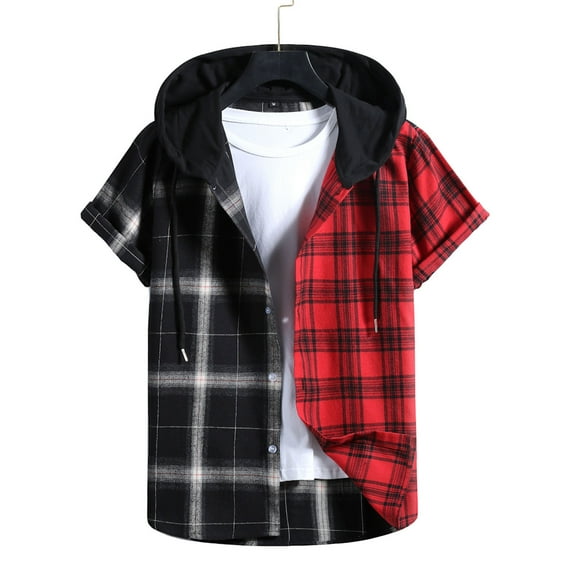 Mens Shirts Men Spring Summer Casual Slim Plaid Short Sleeve Hooded Shirts Top Blouse clearance clothes under $25.00