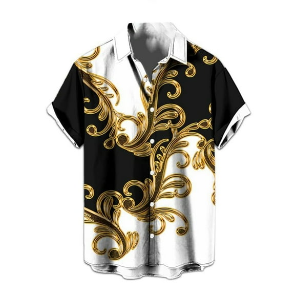Mens Shirts Men's Casual Outdoor Activities Loose Fit Digital Printed Short Sleeve Button Down Tops Gold XXXXXXL