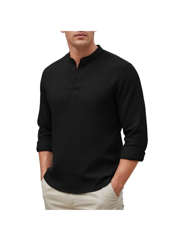 Mens Shirts, Men's Cotton Linen Henley T-Shirts Long Sleeve Casual Quater Button Mandarin Collar Gauze Shirts Beach Hippie T Shirt Black M