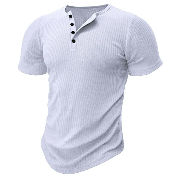 Mens Shirts Men's Fashion Casual Front Placket Short Sleeve Henley T-Shirts Ndbuld Men Casual High-elastic Fashion Button Round Neck Pullover T-Shirt Short Sleeve Tops White S