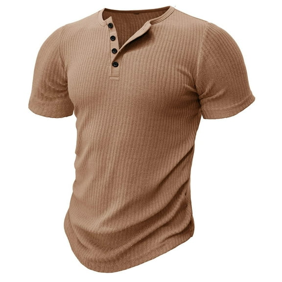 Mens Shirts Men's Fashion Casual Front Placket Short Sleeve Henley T-Shirts Ndbuld Men Casual High-elastic Fashion Button Round Neck Pullover T-Shirt Short Sleeve Tops Yellow M