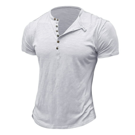 Mens Shirts Men's Fashion Casual Front Placket Short Sleeve Henley T-Shirts Ndbuld Men Short Sleeve Solid Casual Fashion Round Neck Pullover Buttons T Shirt Blouse White XL