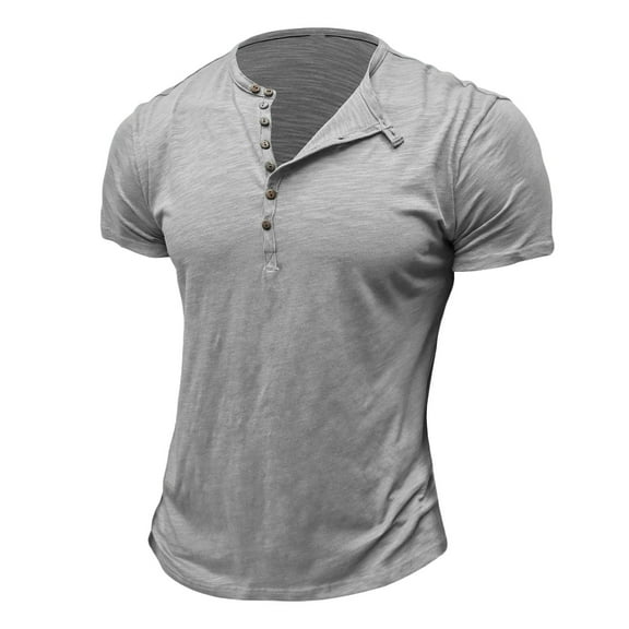 Mens Shirts Men's Fashion Casual Front Placket Short Sleeve Henley T-Shirts Ndbuld Men Short Sleeve Solid Casual Fashion Round Neck Pullover Buttons T Shirt Blouse Gray L