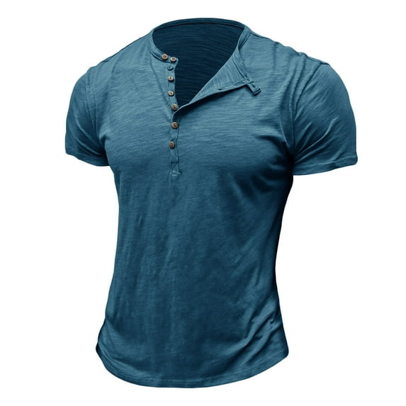 Mens Shirts Men's Fashion Casual Front Placket Short Sleeve Henley T-Shirts Ndbuld Men Short Sleeve Solid Casual Fashion Round Neck Pullover Buttons T Shirt Blouse Blue XL