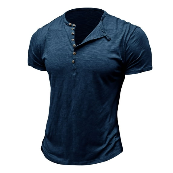 Mens Shirts Men's Fashion Casual Front Placket Short Sleeve Henley T-Shirts Ndbuld Men Short Sleeve Solid Casual Fashion Round Neck Pullover Buttons T Shirt Blouse Blue S