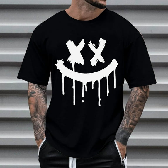 Mens Shirts Men's Graphic Crewneck Short Sleeve Drop Shoulder Streetwear Tee Shirt Top Black 4XL