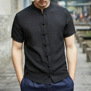 Mens Shirts Men's Linen Chinese Clothing Tang Suit Short Sleeve Henley Shirt For Men Black