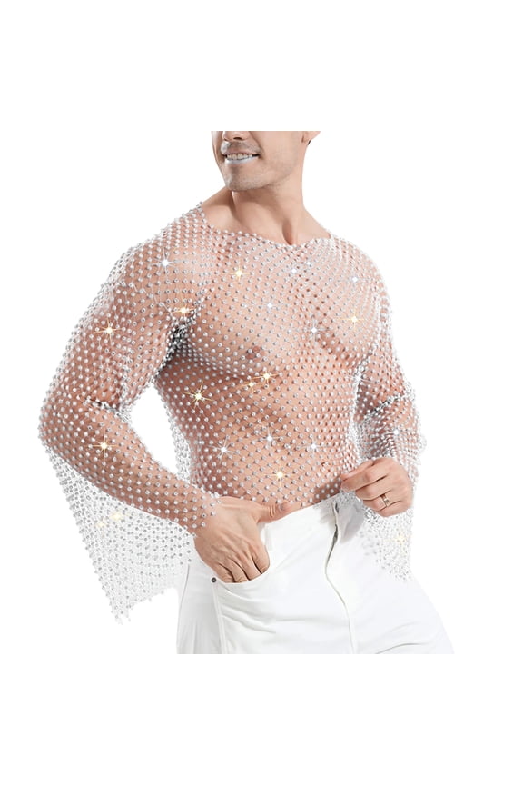 Mens Shirts, Men's Rhinestones Sparkle Fishnet Rave Tops Bell Sleeve Hollow Loose Sheer Festival Clubwear Shirts Streetwear