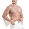 thumbnail image 1 of Mens Shirts, Men's Rhinestones Sparkle Fishnet Rave Tops Bell Sleeve Hollow Loose Sheer Festival Clubwear Shirts Streetwear, 1 of 2