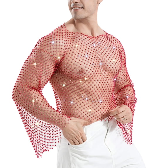 Mens Shirts, Men's Rhinestones Sparkle Fishnet Rave Tops Bell Sleeve Hollow Loose Sheer Festival Clubwear Shirts Streetwear