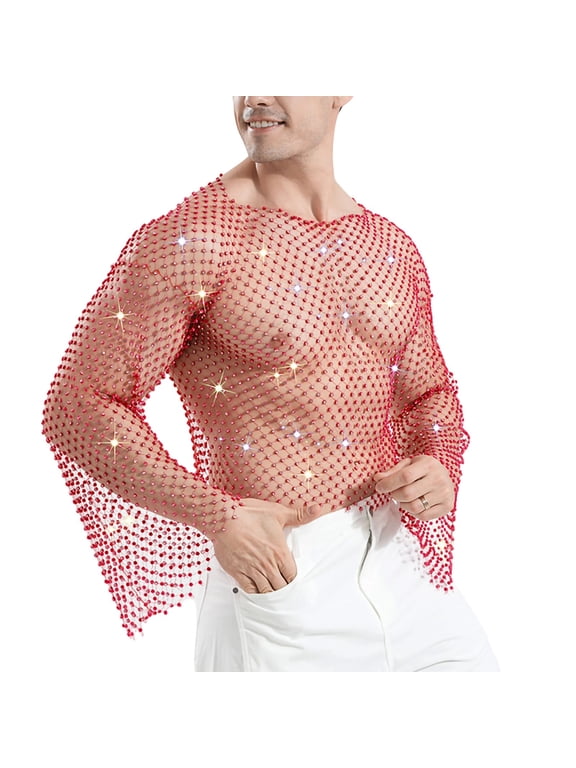 Mens Shirts, Men's Rhinestones Sparkle Fishnet Rave Tops Bell Sleeve Hollow Loose Sheer Festival Clubwear Shirts Streetwear