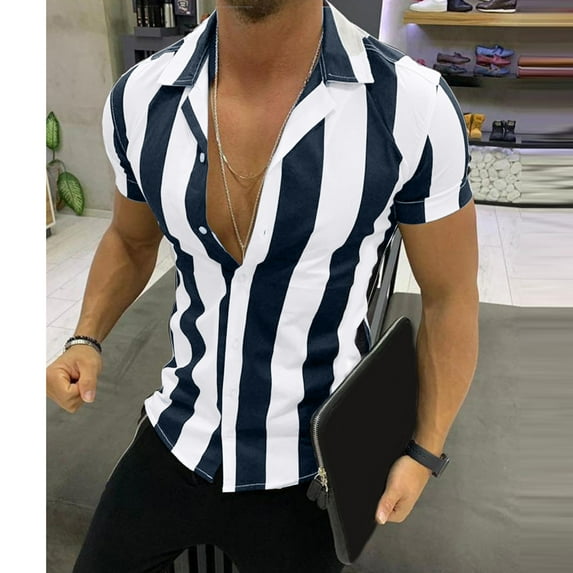 Mens Shirts Men's Shirt Short-sleeved Mercerized Cotton Striped Color-blocking Slim Fit clearance clothes under $10.00