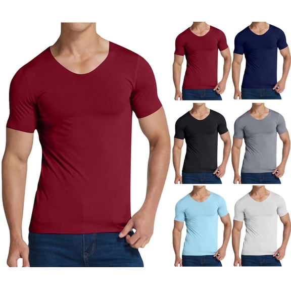 Mens Shirts Men's Solid Color V-Neck Short-Sleeved Pullover T-Shirt Fitness and Outdoor Seamless Stretch Tight Red M