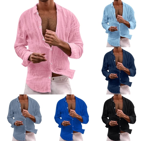 Mens Shirts Men's Solid Cotton Linen Turn Down Collar Shirts Long Sleeve Hippie Casual Beach T Shirts Lightweight Breathable Men's Linen Shirts Pink XXXXXL