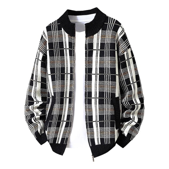 Mens Shirts Men's Sweater Plaid Casual Autumn Stand Collar Zippered Knit Cardigan