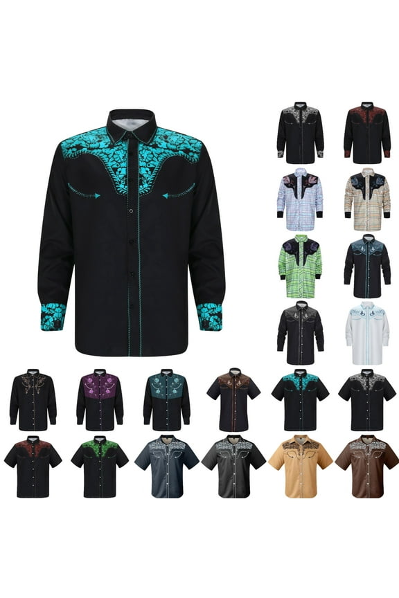 Mens Shirts Men's Western Shirt Long Sleeve Embroidered Cowboy Casual Snap Button Shirt Linen Shirts for Men Gold XXL