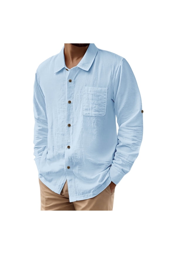 Mens Shirts Mens Cotton Linen Shirts Casual Lapel Button Down Long Sleeve Shirt Solid Color Fall Dressy Blouses with Pocket