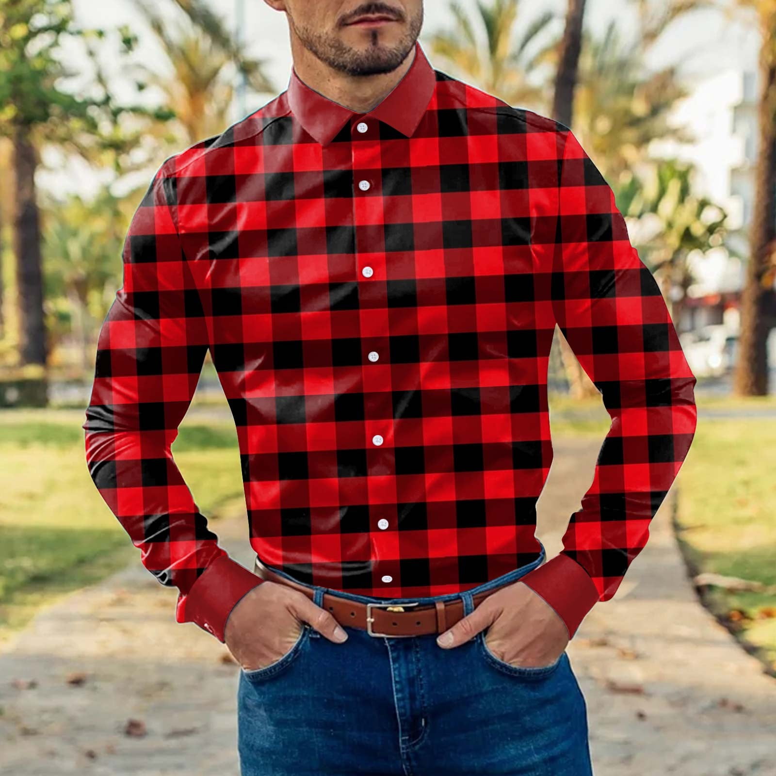 Mens Shirts Mens Fashion Casual Plaid Print Lapel Button Long Sleeve ...