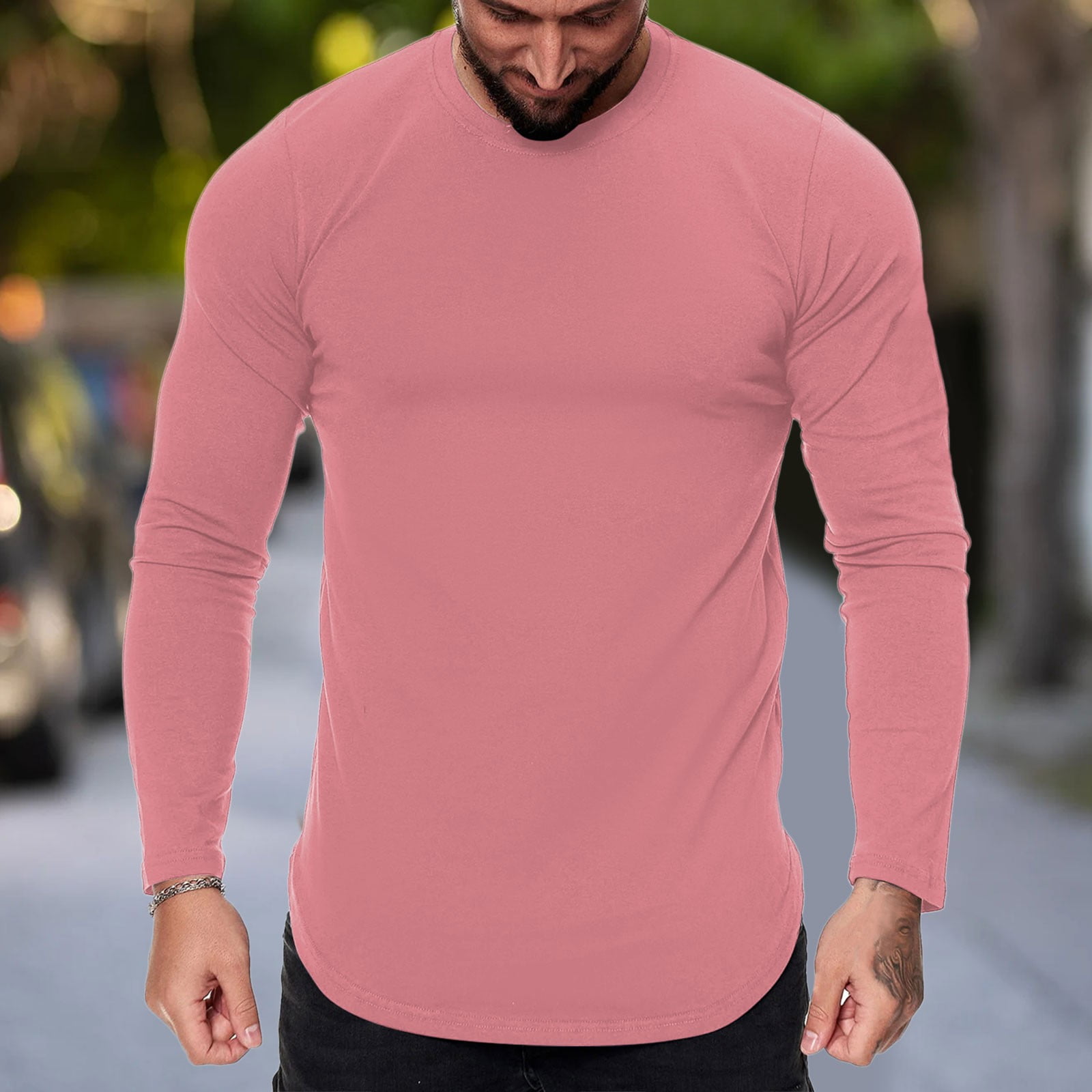 red mens dress shirts mens fashion casual sports fitness outdoor curved hem  solid color round neck t shirt long sleeve top