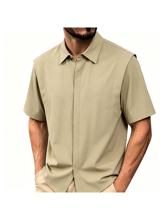 Mens Shirts, Mens Hidden Button Down Short Sleeve Shirts Spliced Drop Shoulder Casual Untucked Shirt Summer Beach Vacation Tops Khaki M