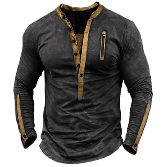 Mens Shirts, Mens Retro Henley Shirts Muscle Long Sleeve Button Cotton T-Shirt Slim Fit Casual Washed Top