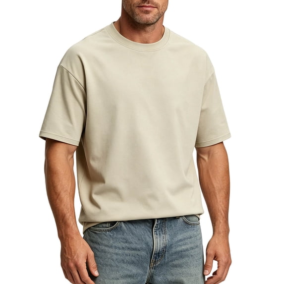 Mens Shirts, Mens T Shirts Heavyweight Cotton Crew Neck Tee Drop Shoulder Short Sleeve Shirt Casual Basic Daily Summer Tops Beige M
